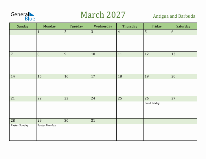 March 2027 Calendar with Antigua and Barbuda Holidays