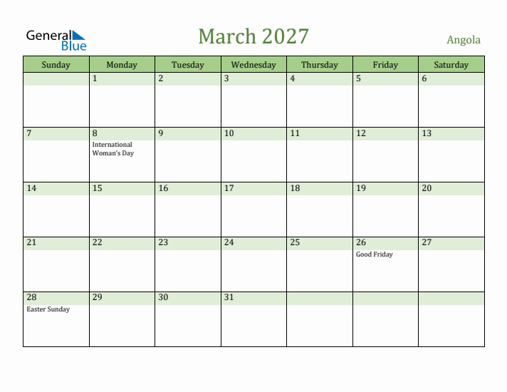 March 2027 Calendar with Angola Holidays