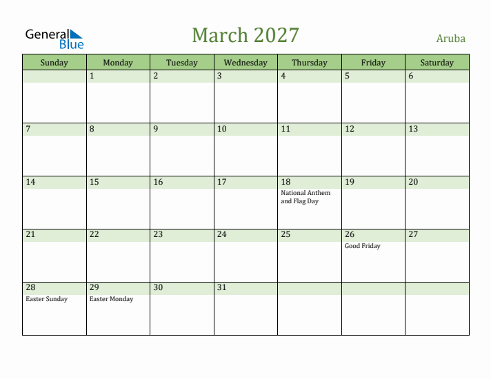 March 2027 Calendar with Aruba Holidays