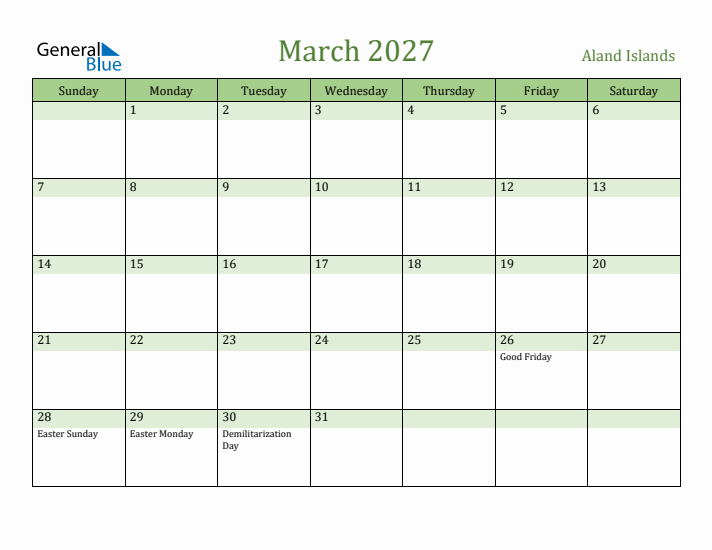 March 2027 Calendar with Aland Islands Holidays