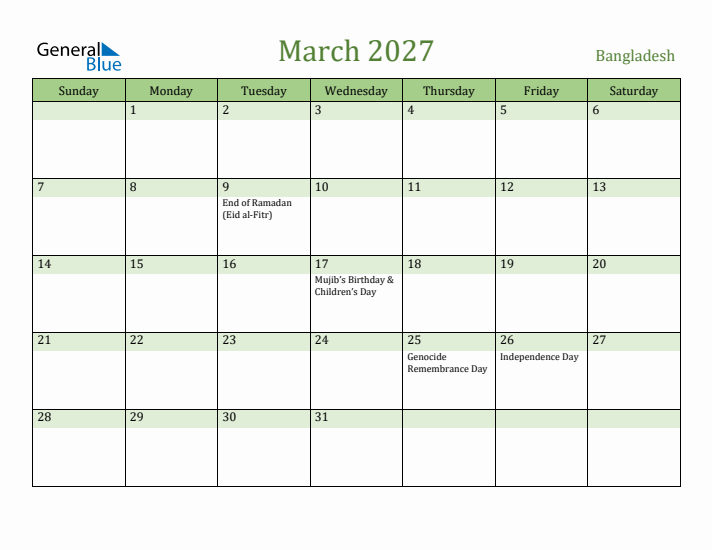 March 2027 Calendar with Bangladesh Holidays