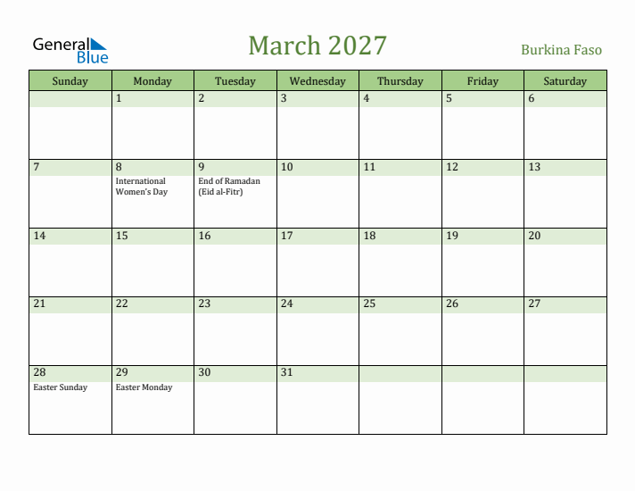 March 2027 Calendar with Burkina Faso Holidays