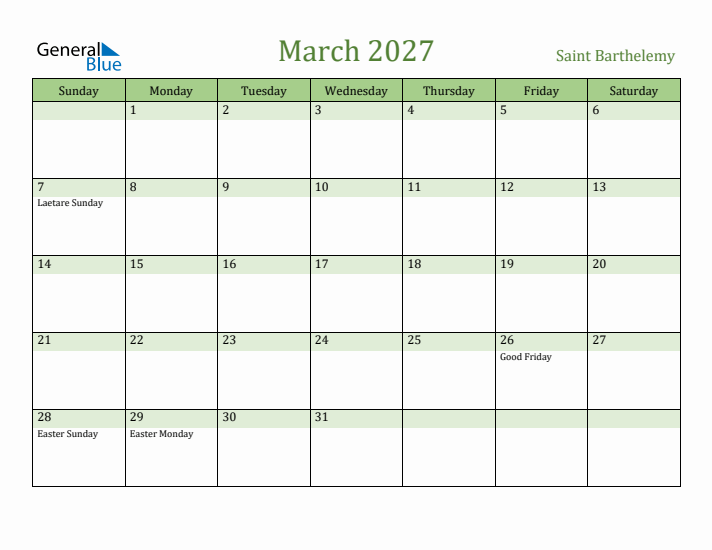 March 2027 Calendar with Saint Barthelemy Holidays