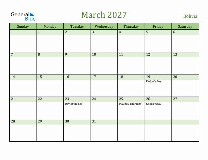 March 2027 Calendar with Bolivia Holidays