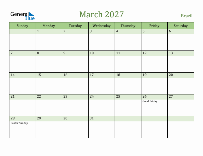 March 2027 Calendar with Brazil Holidays