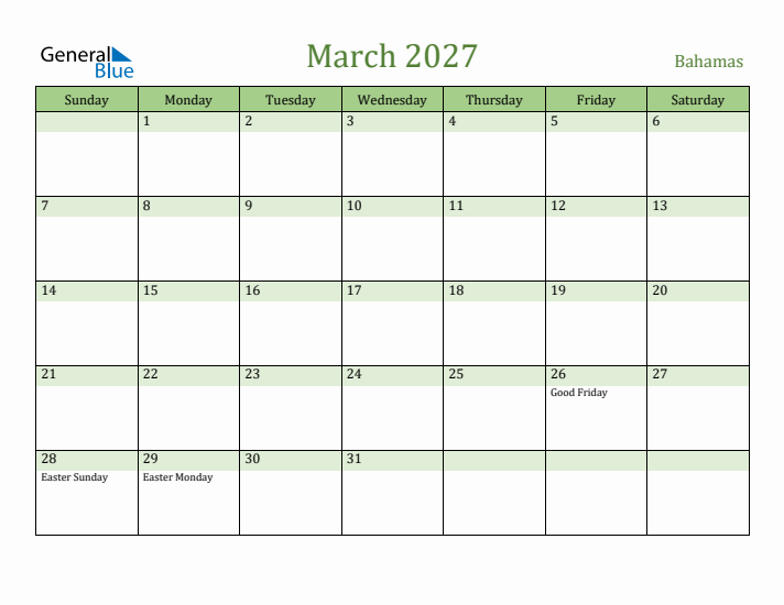 March 2027 Calendar with Bahamas Holidays