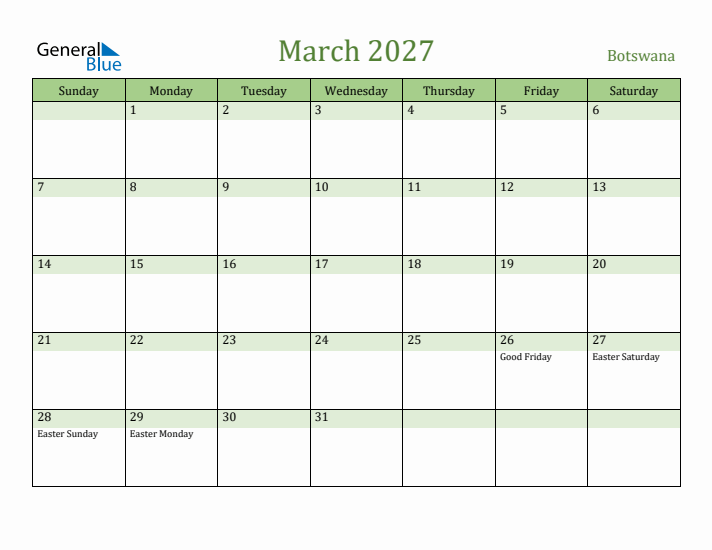 March 2027 Calendar with Botswana Holidays