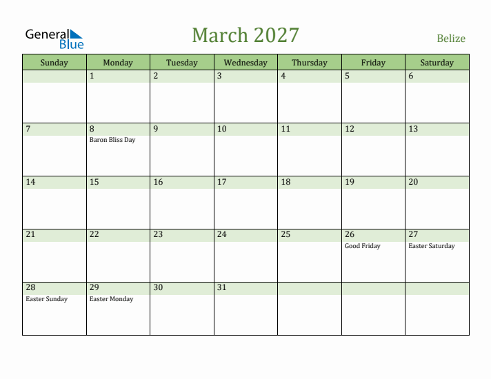 March 2027 Calendar with Belize Holidays