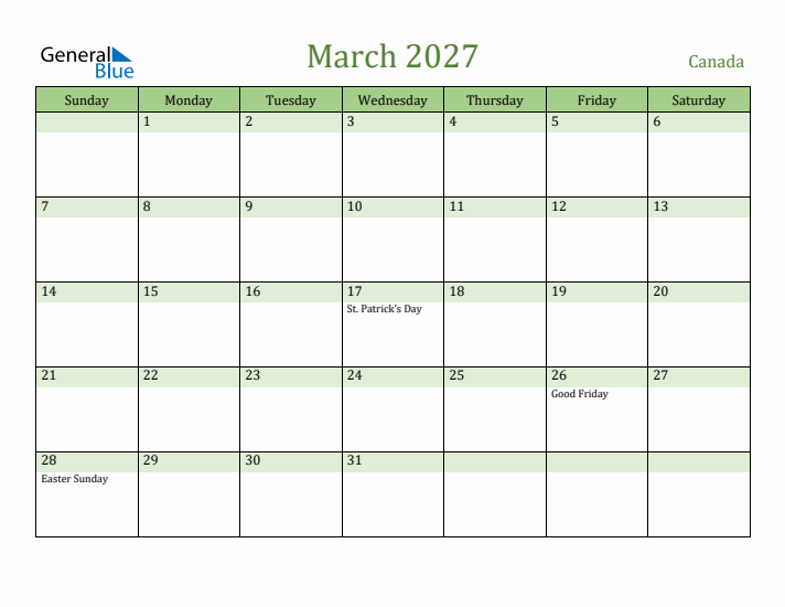 March 2027 Calendar with Canada Holidays