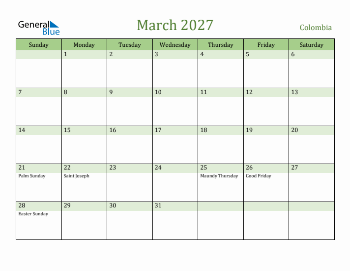 March 2027 Calendar with Colombia Holidays