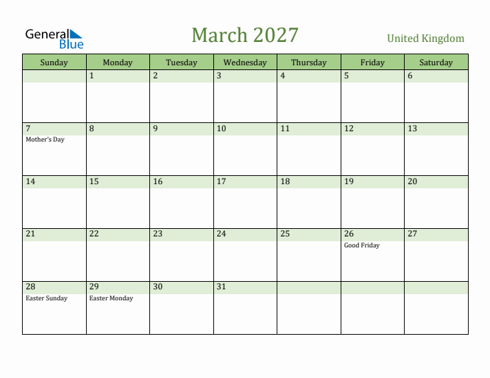 March 2027 Calendar with United Kingdom Holidays