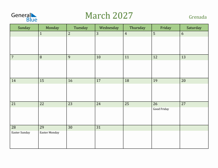 March 2027 Calendar with Grenada Holidays