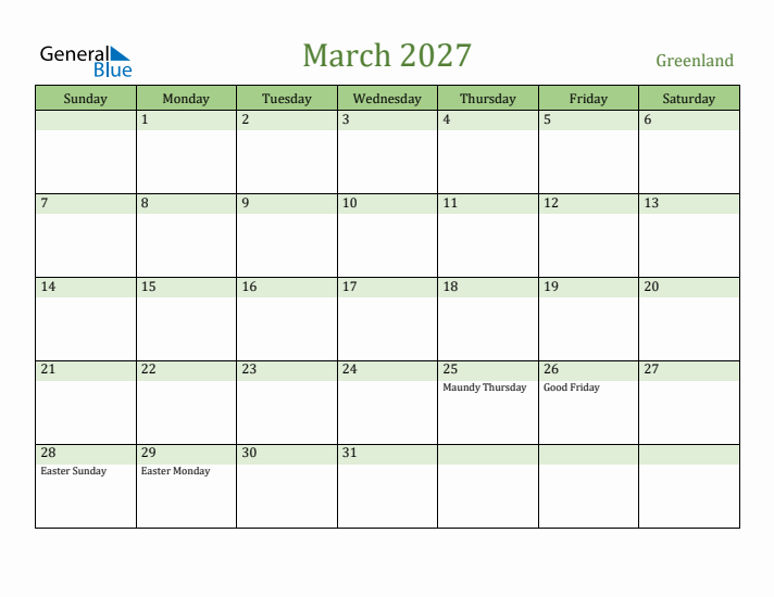 March 2027 Calendar with Greenland Holidays