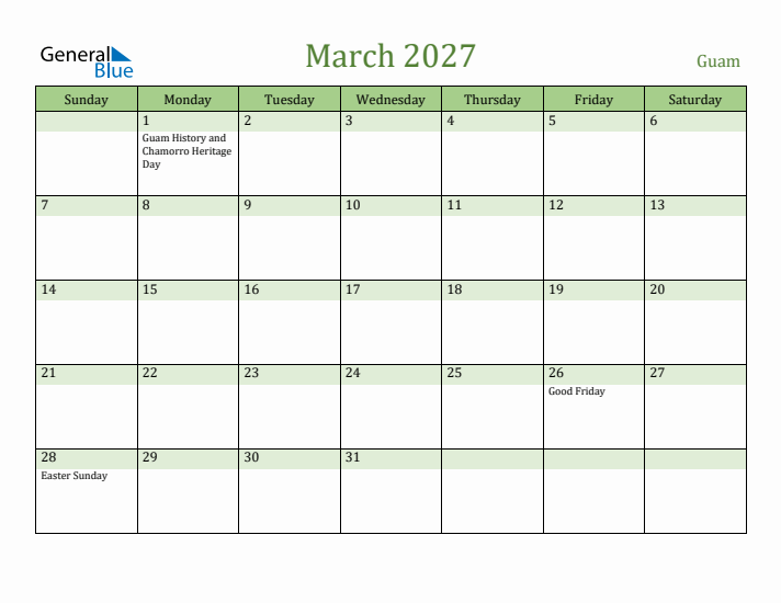 March 2027 Calendar with Guam Holidays