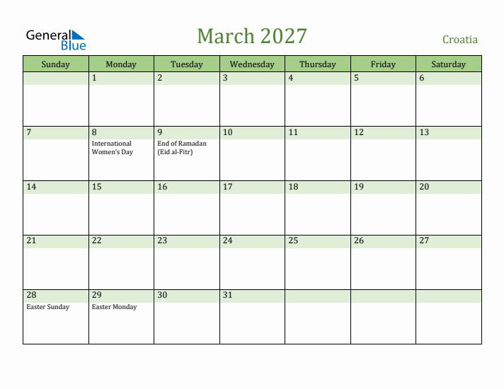 March 2027 Calendar with Croatia Holidays