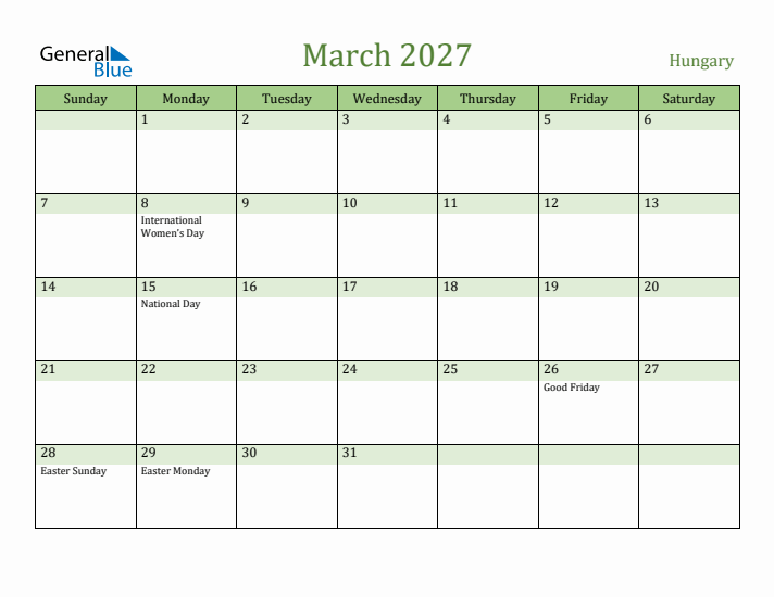 March 2027 Calendar with Hungary Holidays