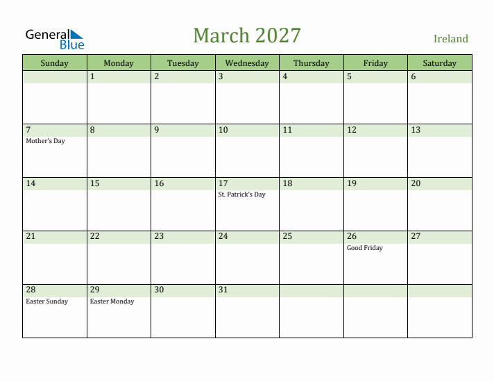 March 2027 Calendar with Ireland Holidays