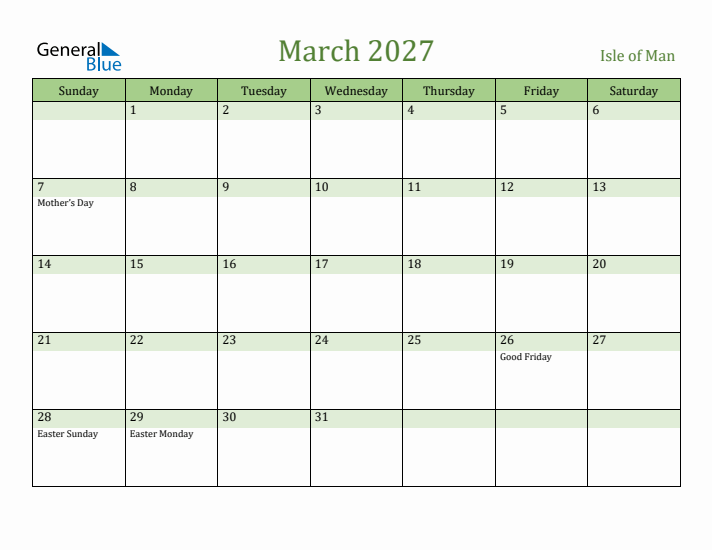 March 2027 Calendar with Isle of Man Holidays