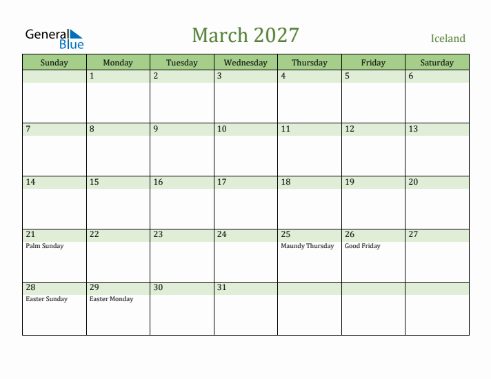 March 2027 Calendar with Iceland Holidays