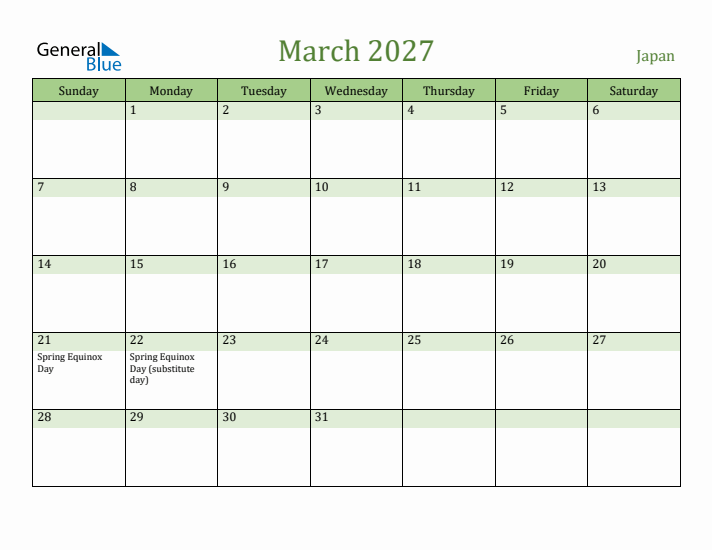 March 2027 Calendar with Japan Holidays