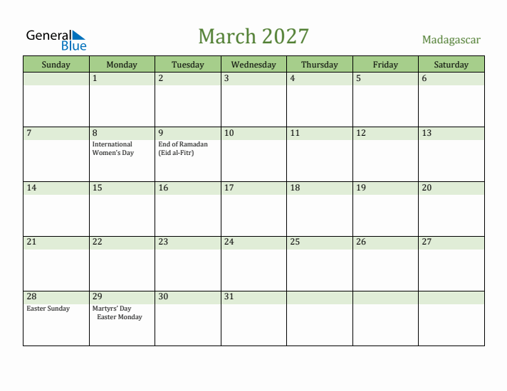 March 2027 Calendar with Madagascar Holidays