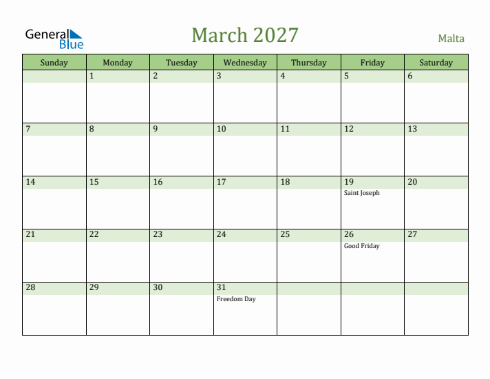 March 2027 Calendar with Malta Holidays