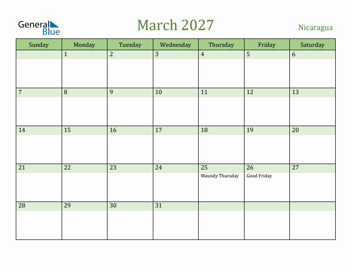 March 2027 Calendar with Nicaragua Holidays