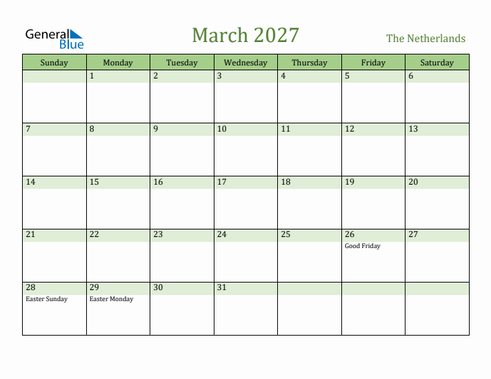 March 2027 Calendar with The Netherlands Holidays