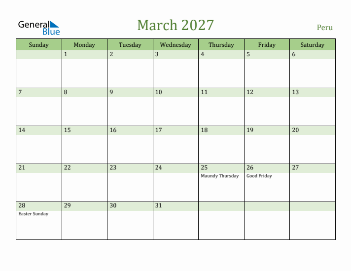 March 2027 Calendar with Peru Holidays