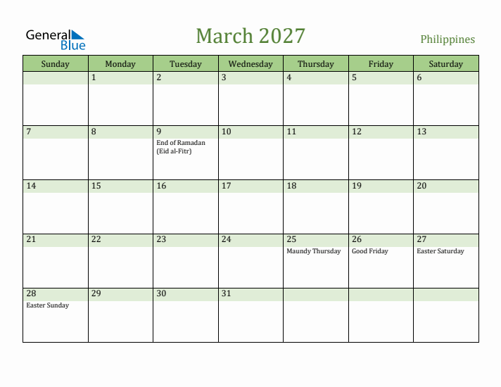 March 2027 Calendar with Philippines Holidays