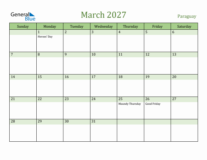 March 2027 Calendar with Paraguay Holidays