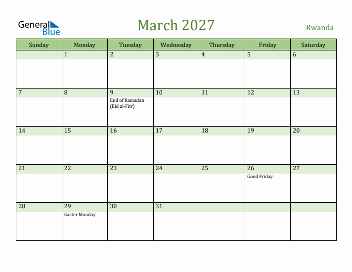 March 2027 Calendar with Rwanda Holidays