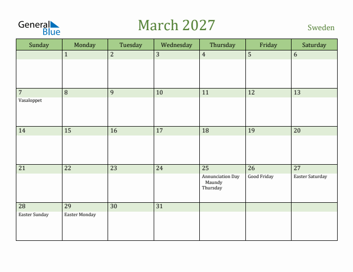 March 2027 Calendar with Sweden Holidays