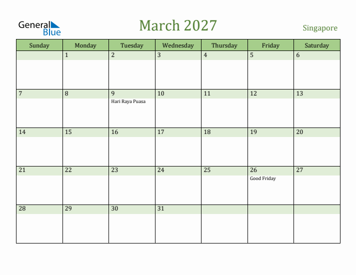 March 2027 Calendar with Singapore Holidays