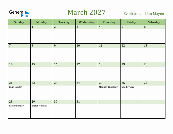 March 2027 Calendar with Svalbard and Jan Mayen Holidays