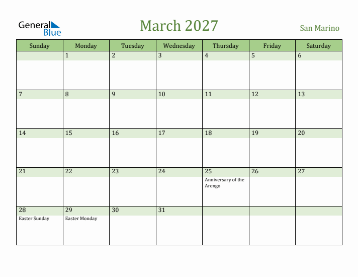 March 2027 Calendar with San Marino Holidays