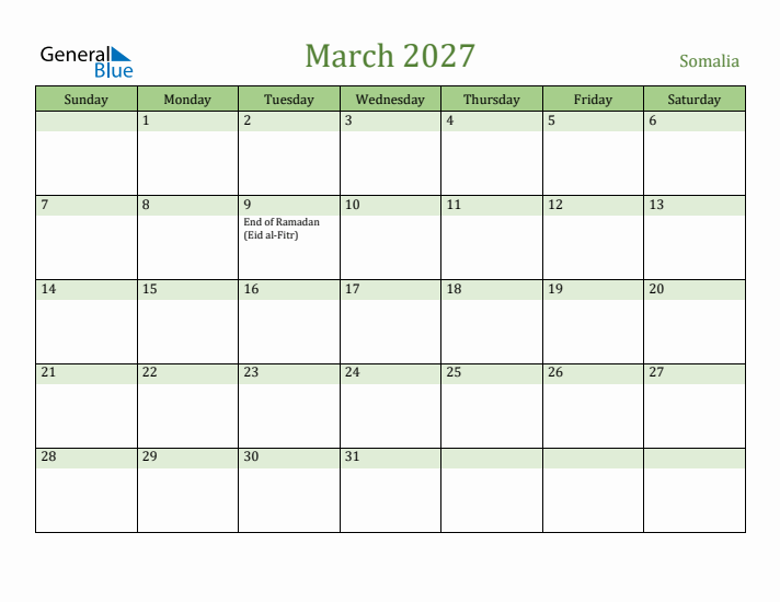 March 2027 Calendar with Somalia Holidays