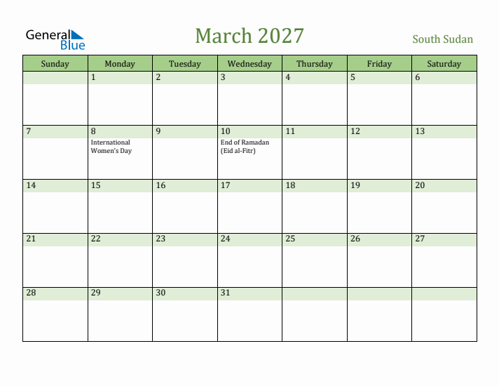 March 2027 Calendar with South Sudan Holidays