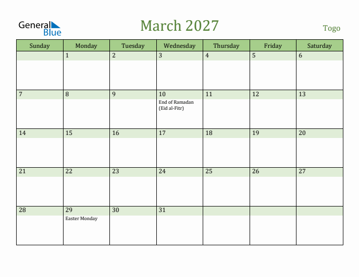 March 2027 Calendar with Togo Holidays