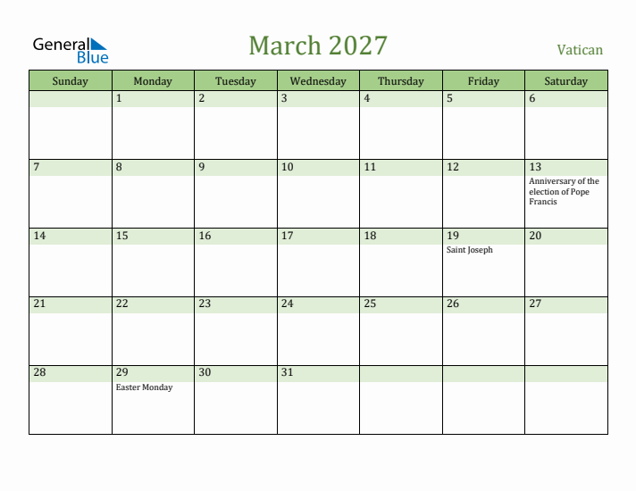 March 2027 Calendar with Vatican Holidays