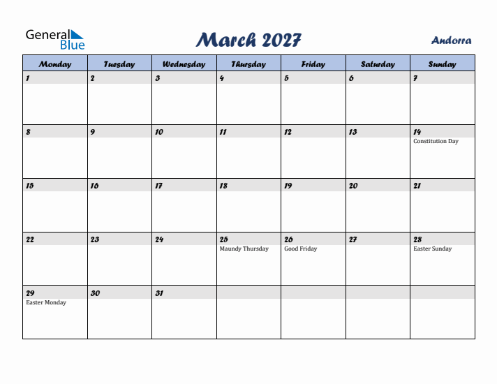 March 2027 Calendar with Holidays in Andorra