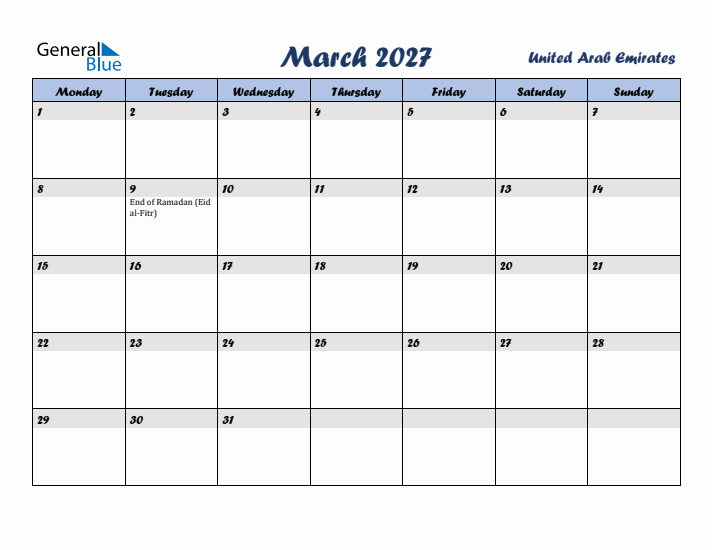 March 2027 Calendar with Holidays in United Arab Emirates