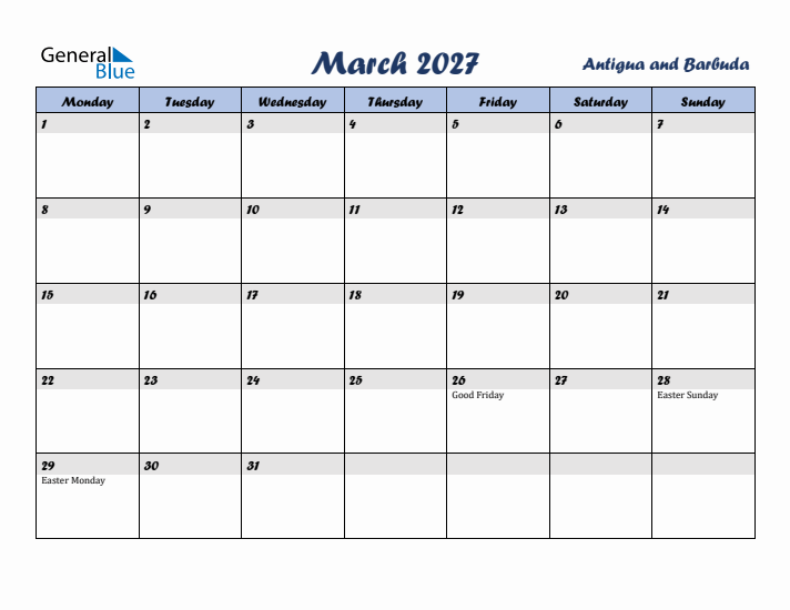 March 2027 Calendar with Holidays in Antigua and Barbuda