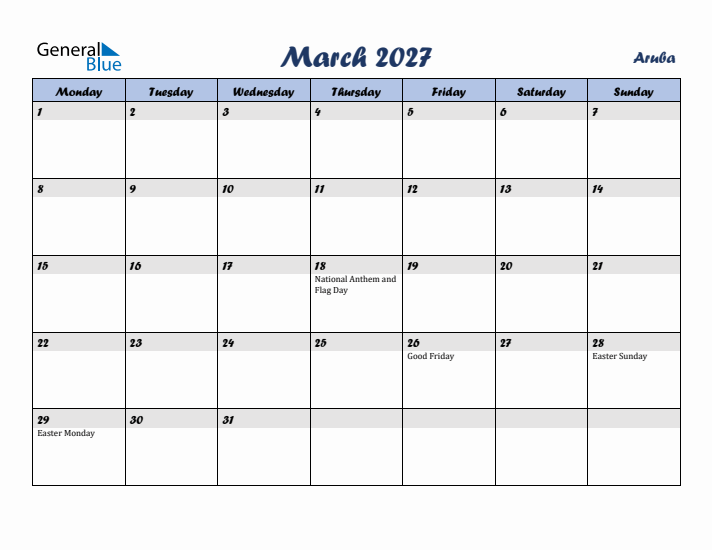 March 2027 Calendar with Holidays in Aruba