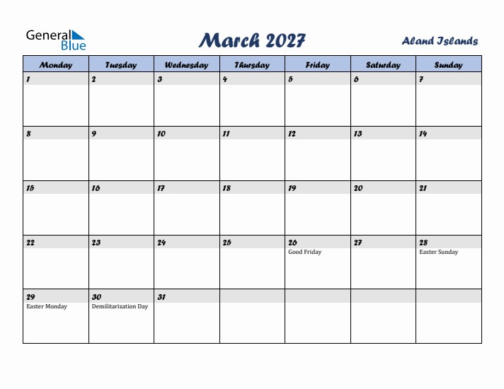 March 2027 Calendar with Holidays in Aland Islands