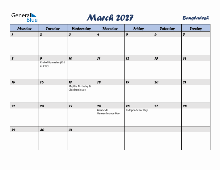 March 2027 Calendar with Holidays in Bangladesh