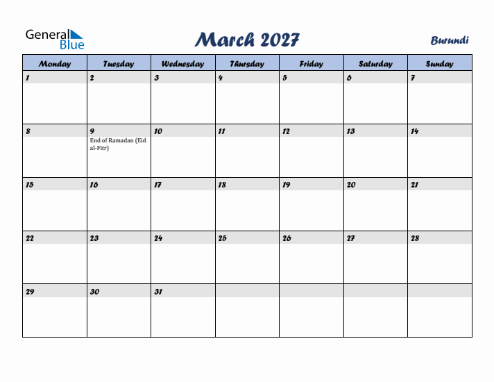 March 2027 Calendar with Holidays in Burundi