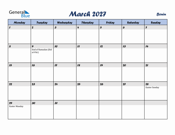 March 2027 Calendar with Holidays in Benin