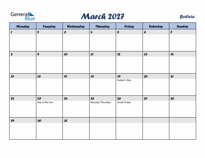 March 2027 Calendar with Holidays in Bolivia