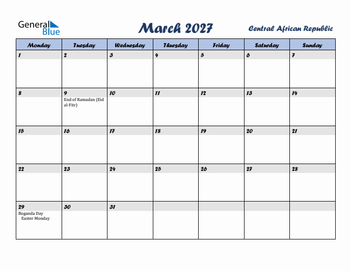 March 2027 Calendar with Holidays in Central African Republic